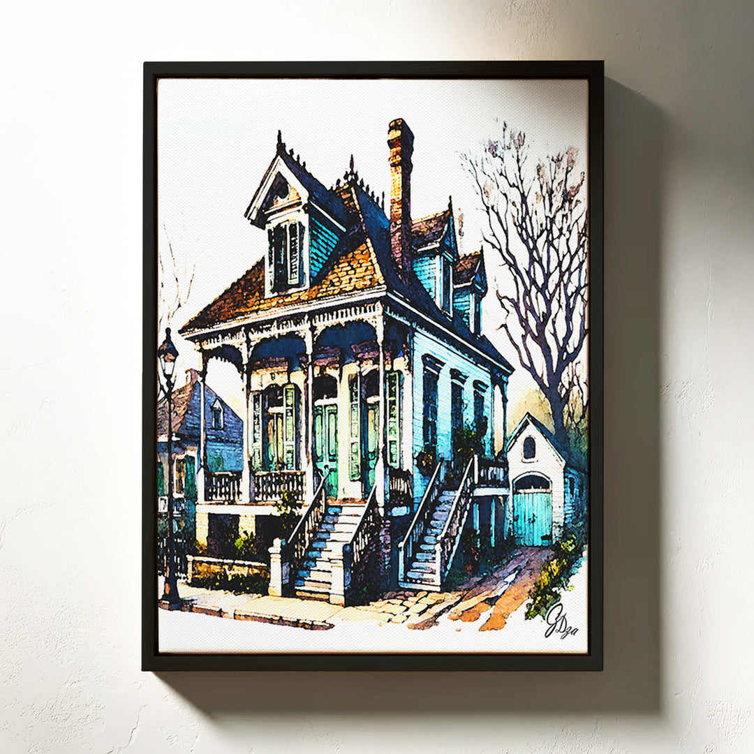 Algiers Point House New Orleans Wall Art Canvas Print Front View Floating Frame