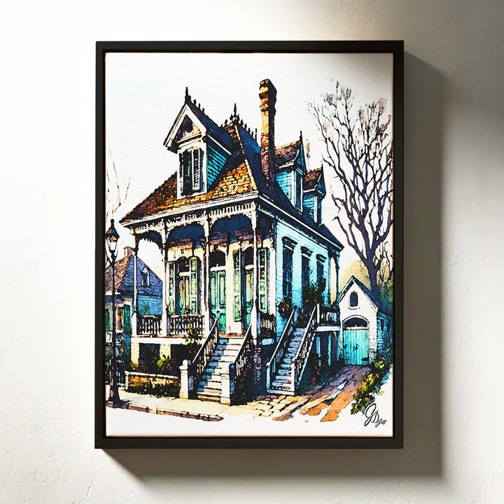 Algiers Point House New Orleans Wall Art Canvas Print Front View Floating Frame