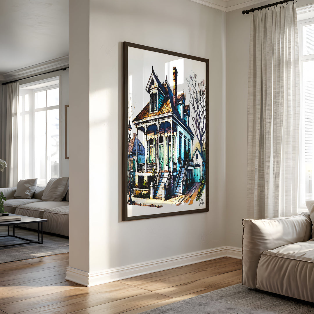 Algiers Point House New Orleans Wall Art Canvas Print Side View Black Frame
