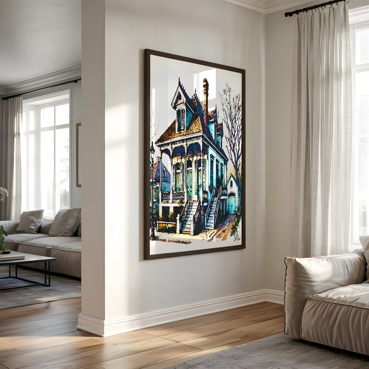 Algiers Point House New Orleans Wall Art Canvas Print Side View Black Frame