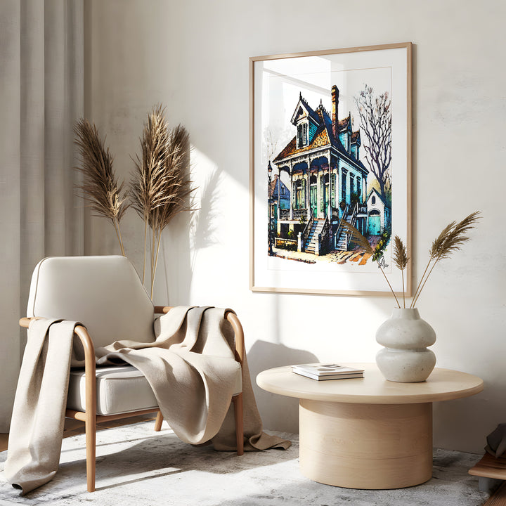 Algiers Point House New Orleans Wall Art Canvas Print Side View Gold Frame