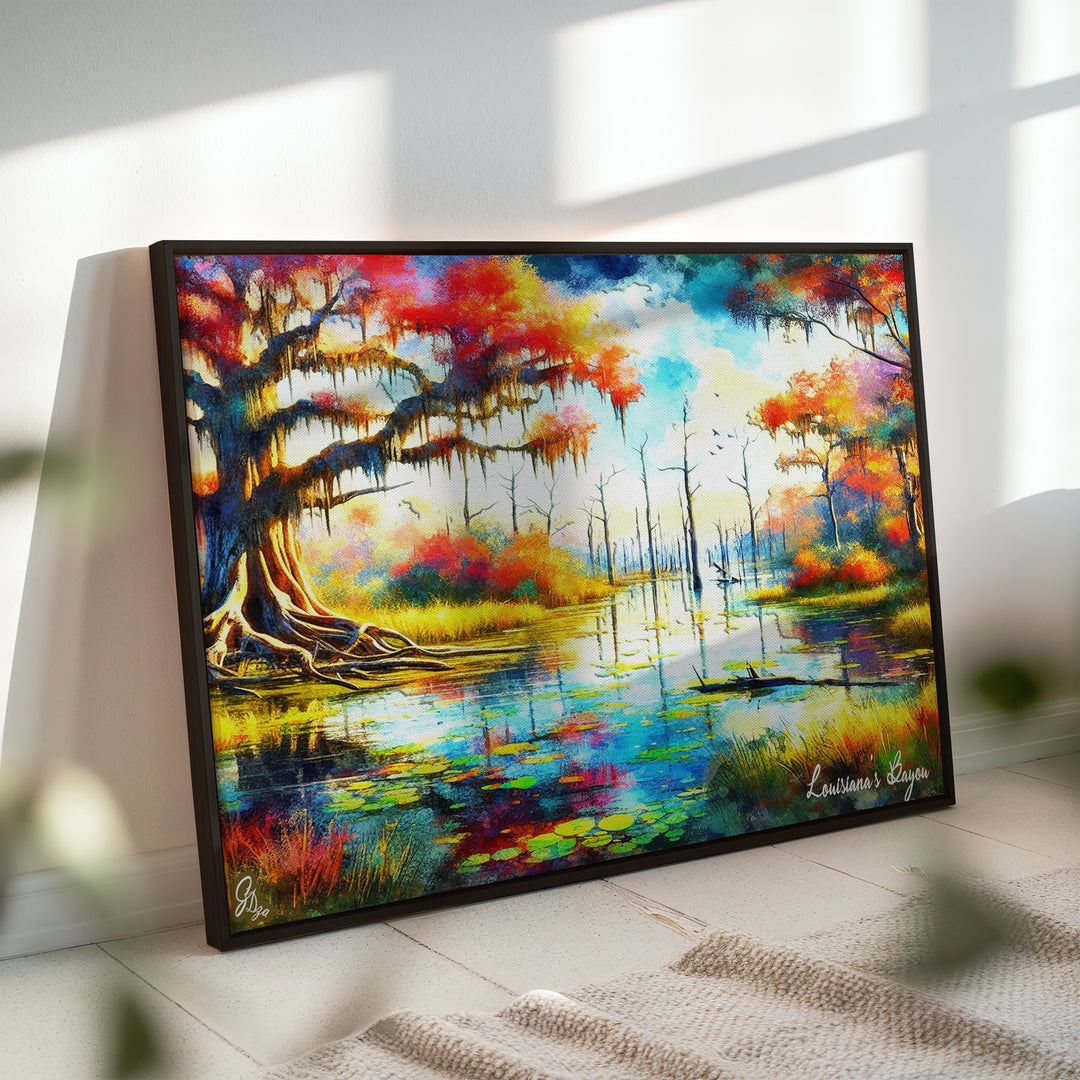 Autumn Bayou Nature Wall Art Canvas Print Side View Floating Black Frame