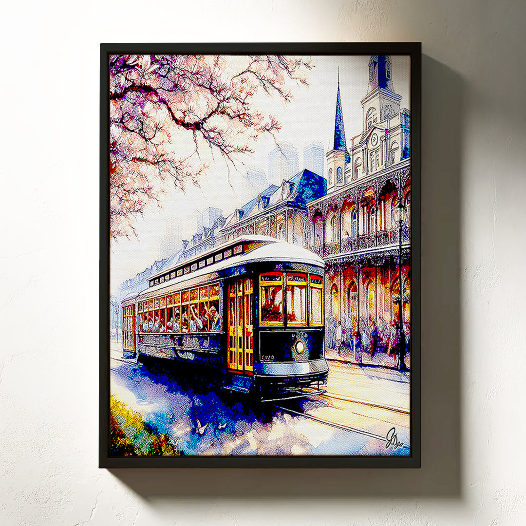 Autumn Streetcar New Orleans Wall Art Canvas Print Front View Floating Frame