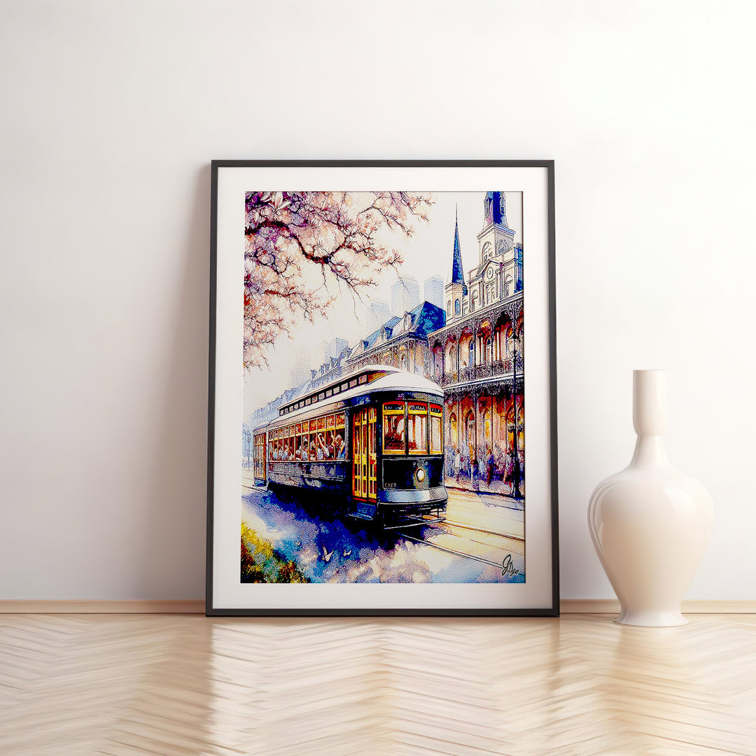 Autumn Streetcar New Orleans Wall Art Canvas Print Front View Matted