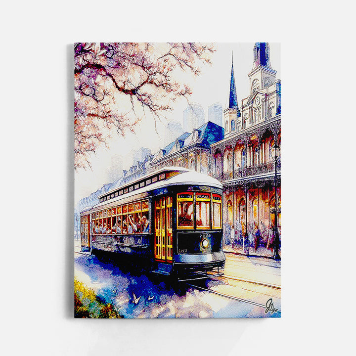 Autumn Streetcar New Orleans Wall Art Canvas Print Front View Wrapped