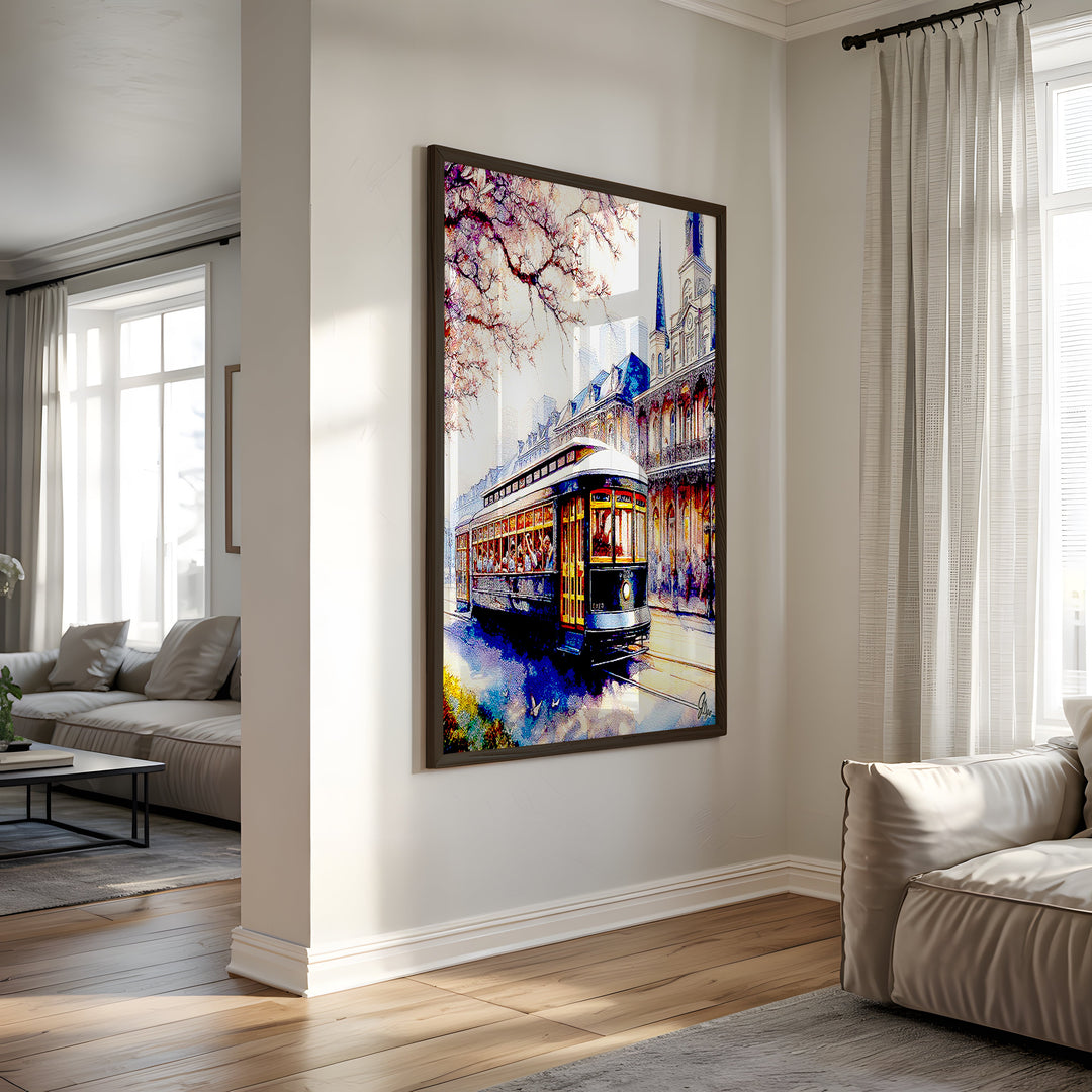 Autumn Streetcar New Orleans Wall Art Canvas Print Side View Black Frame