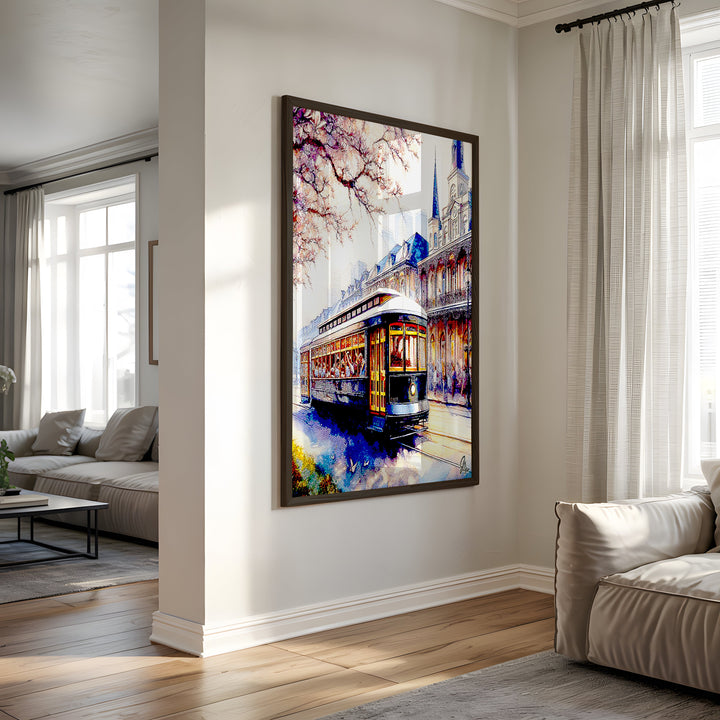 Autumn Streetcar New Orleans Wall Art Canvas Print Side View Black Frame