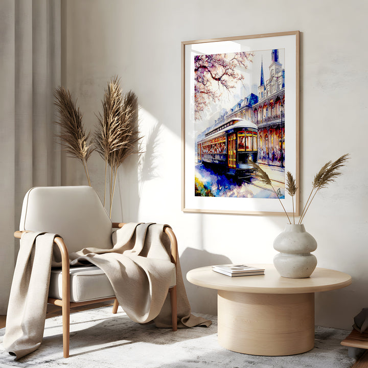Autumn Streetcar New Orleans Wall Art Canvas Print Side View Gold Frame