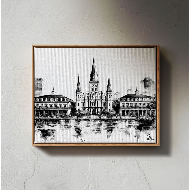 Black and White Cathedral New Orleans Wall Art Canvas Print Front View Floating Frame