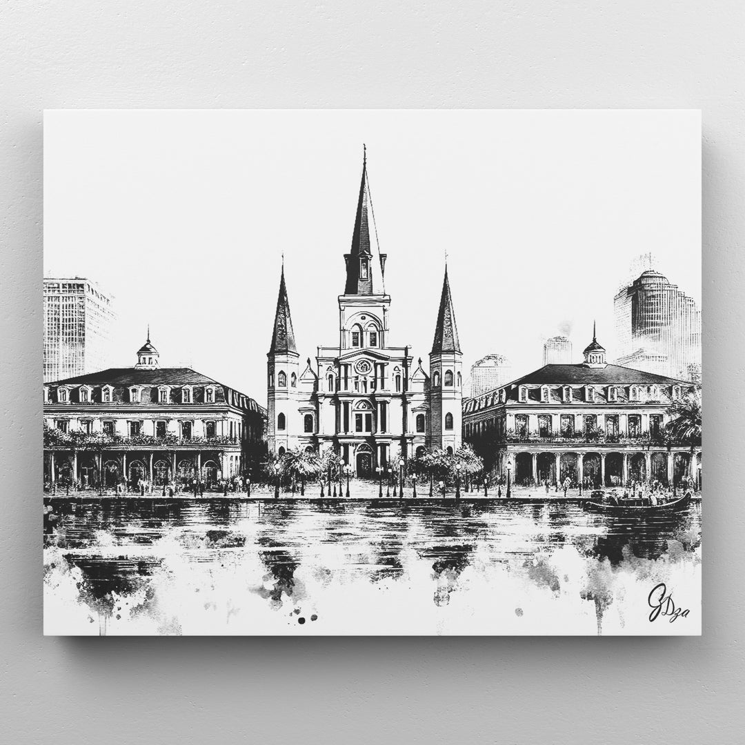 Black and White Cathedral New Orleans Wall Art Canvas Print Side View Wrapped
