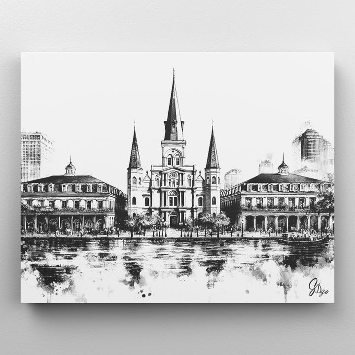 Black and White Cathedral New Orleans Wall Art Canvas Print Side View Wrapped
