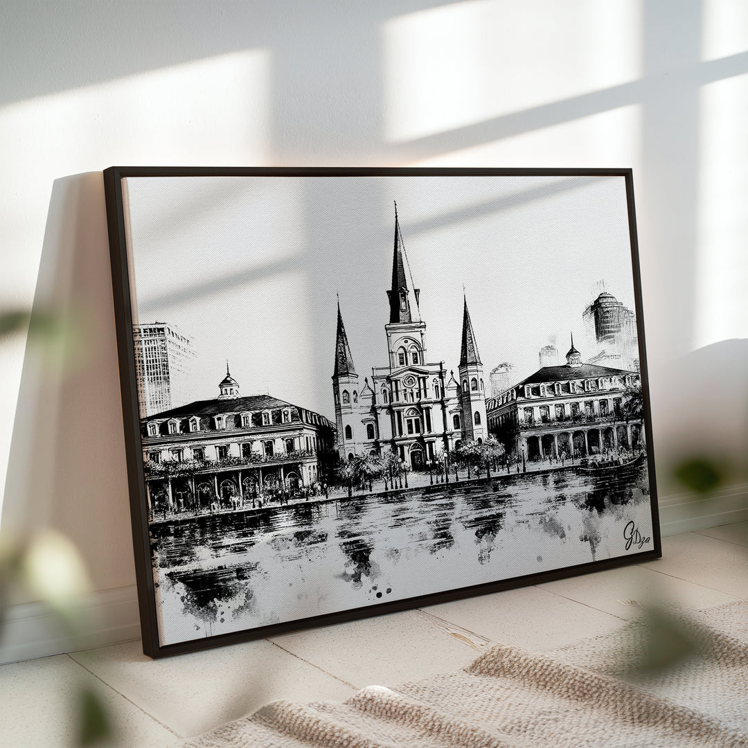 Black and White Cathedral New Orleans Wall Art Canvas Print Side View Black Floating Frame