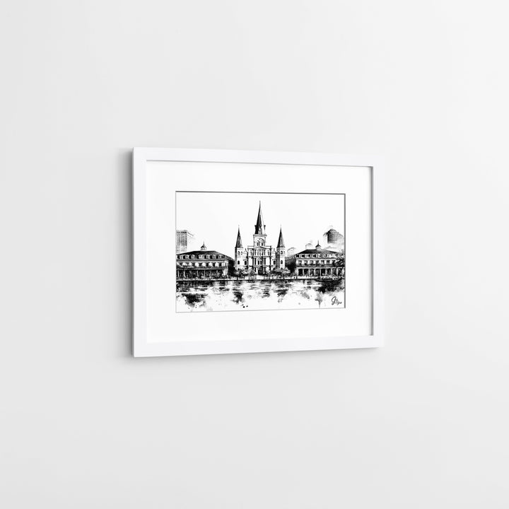 Black and White Cathedral New Orleans Wall Art Canvas Print Side View White Frame