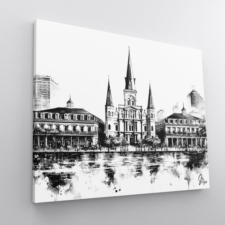 Black and White Cathedral New Orleans Wall Art Canvas Print Side View Wrapped