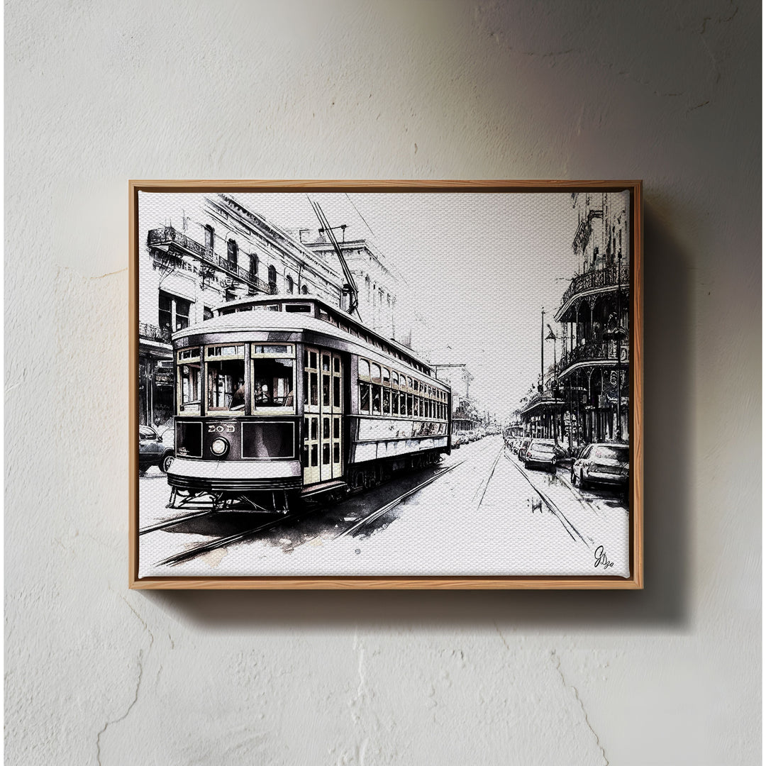 Black and White Streetcar New Orleans Wall Art Canvas Print Side View Floating Frame