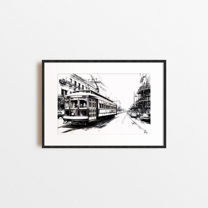 Black and White Streetcar New Orleans Wall Art Canvas Print Front View