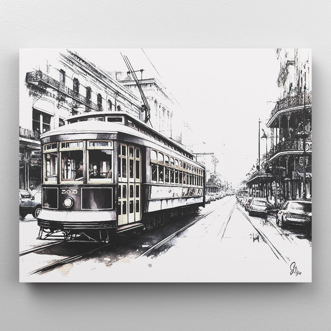 Black and White Streetcar New Orleans Wall Art Canvas Print Front View Wrapped