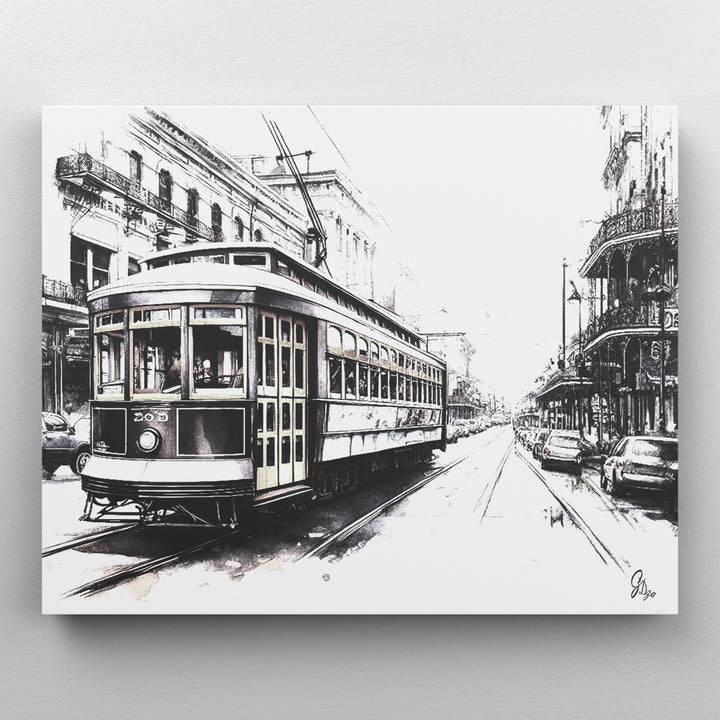 Black and White Streetcar New Orleans Wall Art Canvas Print Front View Wrapped