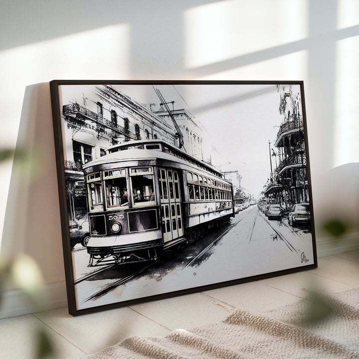 Black and White Streetcar New Orleans Wall Art Canvas Print Side View Black Floating Frame