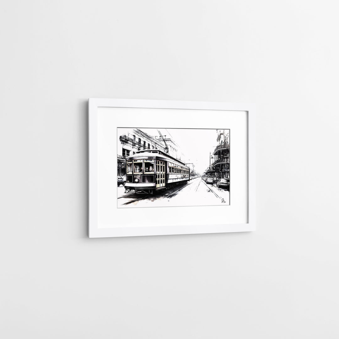 Black and White Streetcar New Orleans Wall Art Canvas Print Side View White Frame
