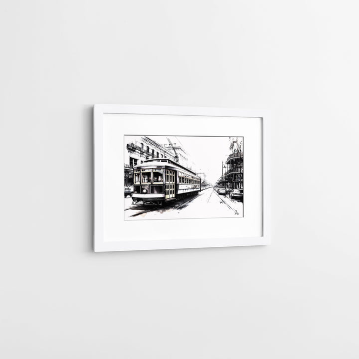 Black and White Streetcar New Orleans Wall Art Canvas Print Side View White Frame