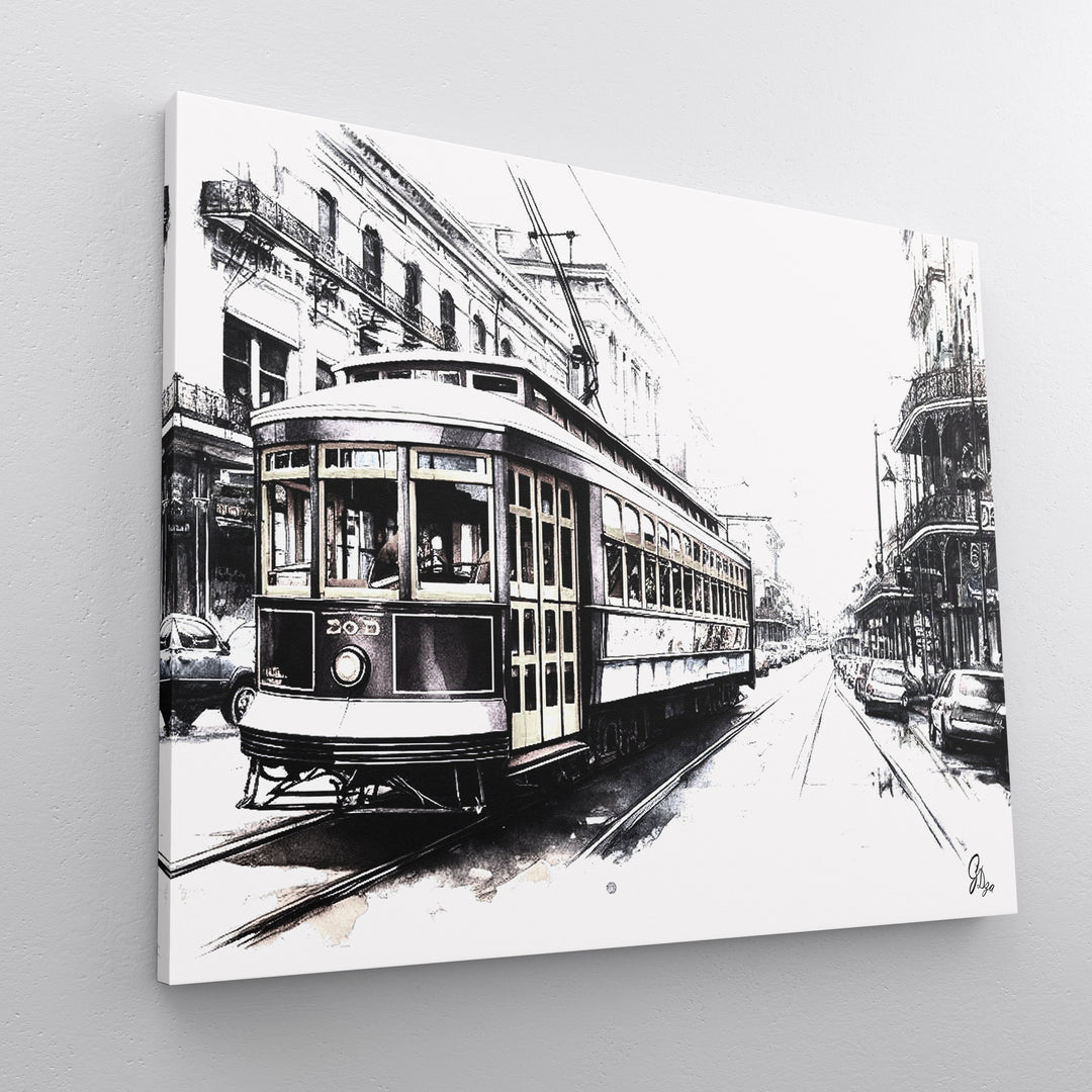 Black and White Streetcar New Orleans Wall Art Canvas Print Side View Wrapped