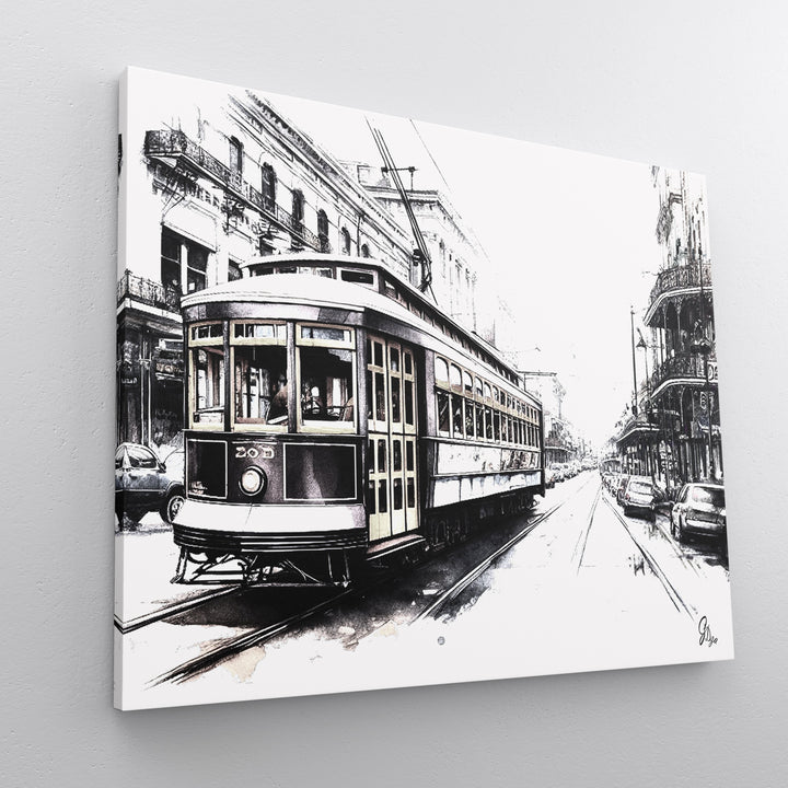 Black and White Streetcar New Orleans Wall Art Canvas Print Side View Wrapped
