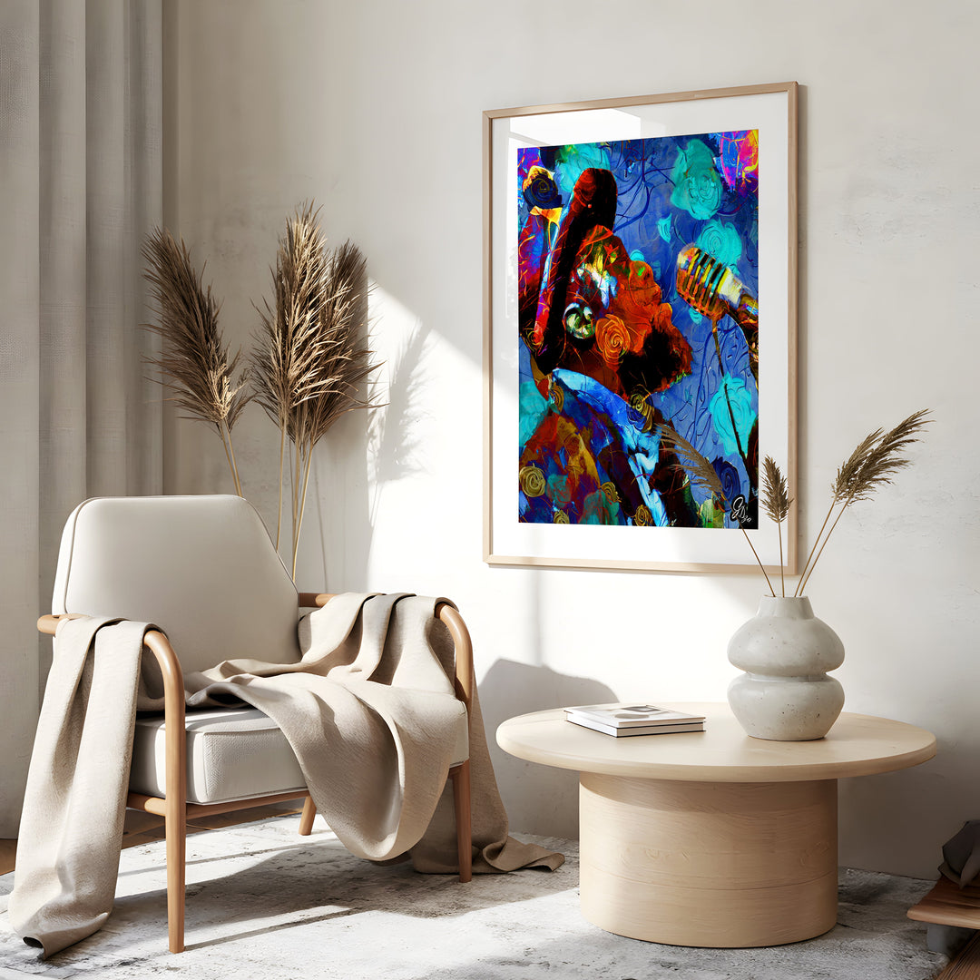 Blues in the Garden Music Wall Art Canvas Print Side View Gold Frame