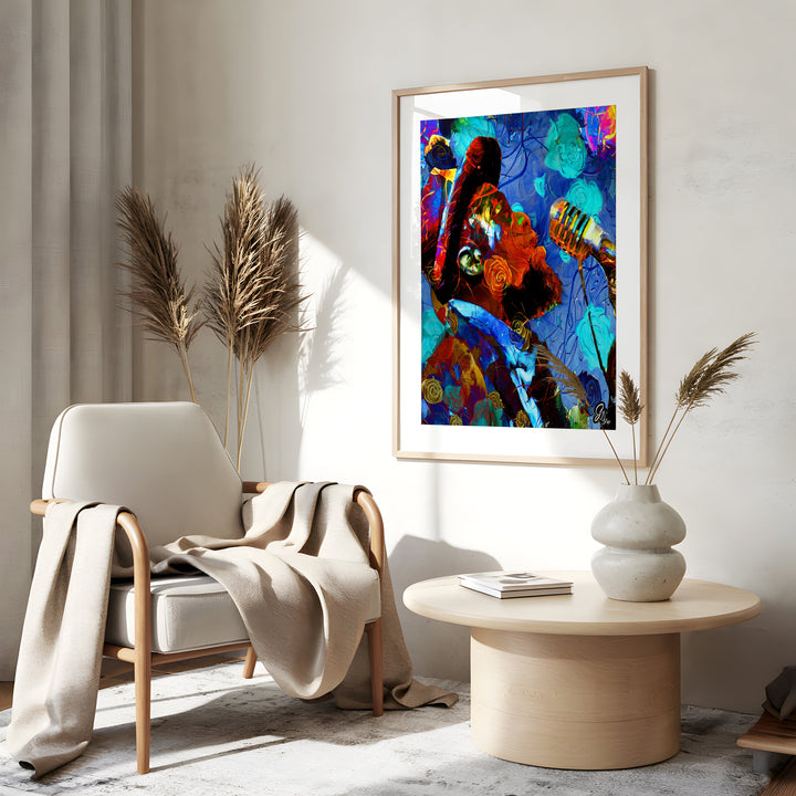 Blues in the Garden Music Wall Art Canvas Print Side View Gold Frame