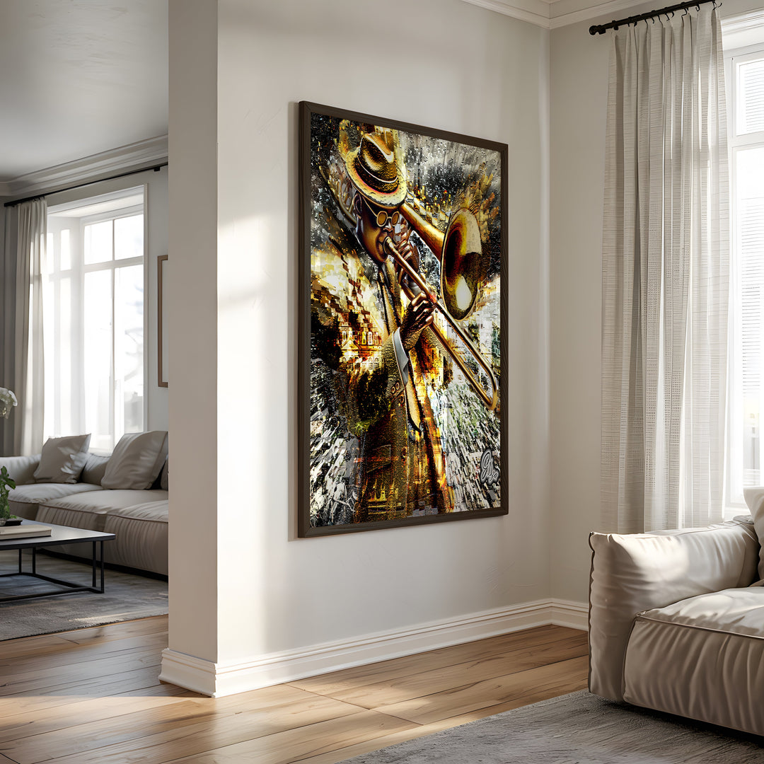 Brass-A-Holic Music Wall Art Canvas Print Side View Black Frame