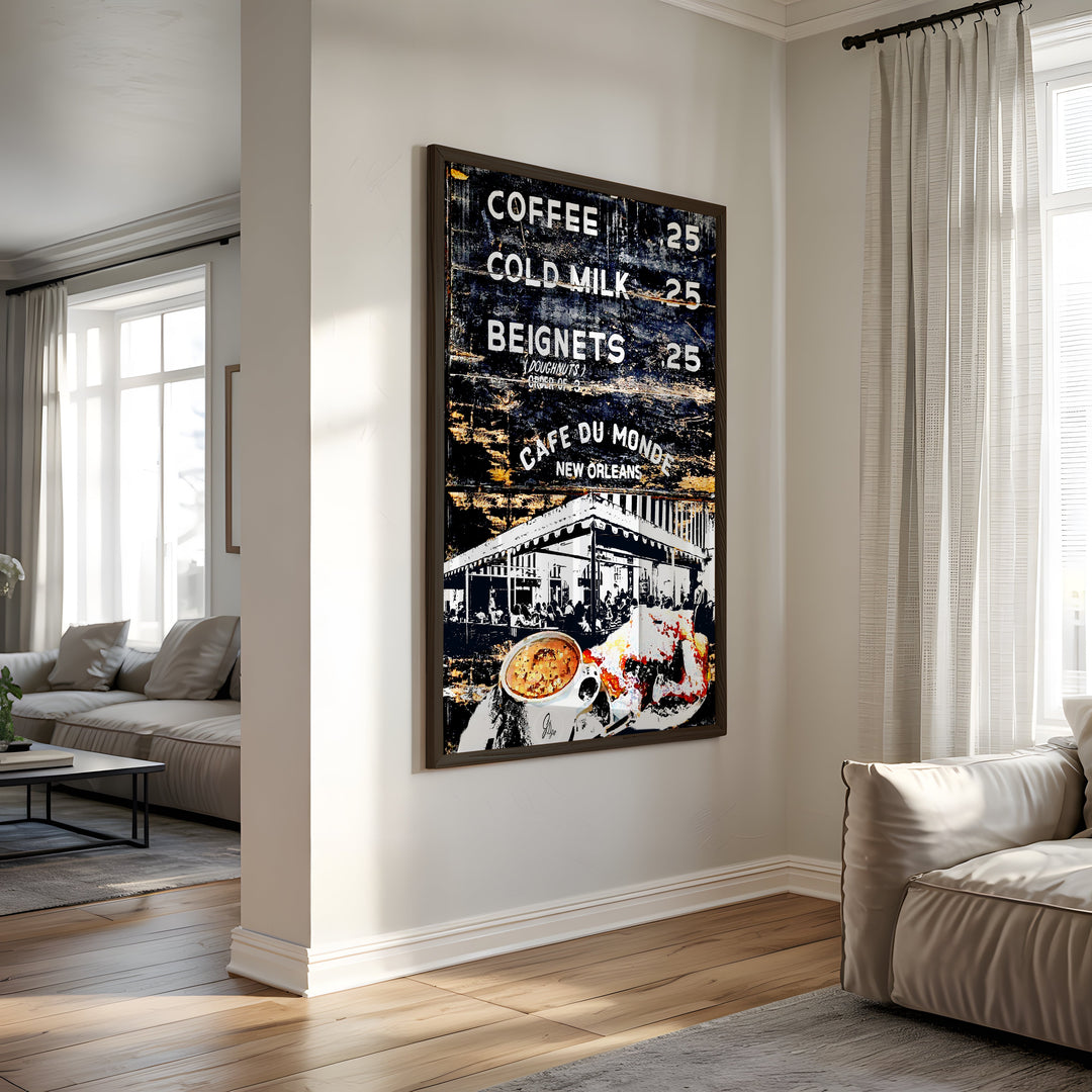 Cafe du Monde New Orleans Wall Art Canvas Print Side View Black Frame