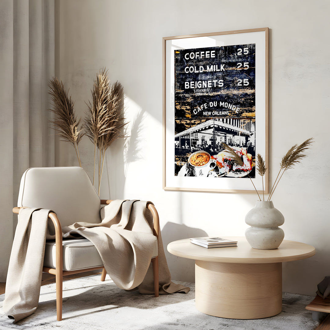 Cafe du Monde New Orleans Wall Art Canvas Print Side View Gold Frame