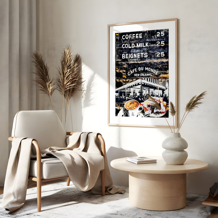 Cafe du Monde New Orleans Wall Art Canvas Print Side View Gold Frame