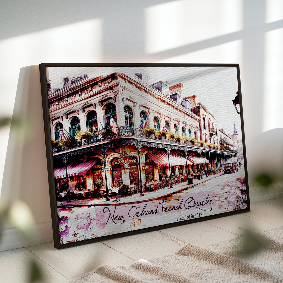 Founded in 1718 Series 1 New Orleans Wall Art Canvas Print Side View Black Floating Frame