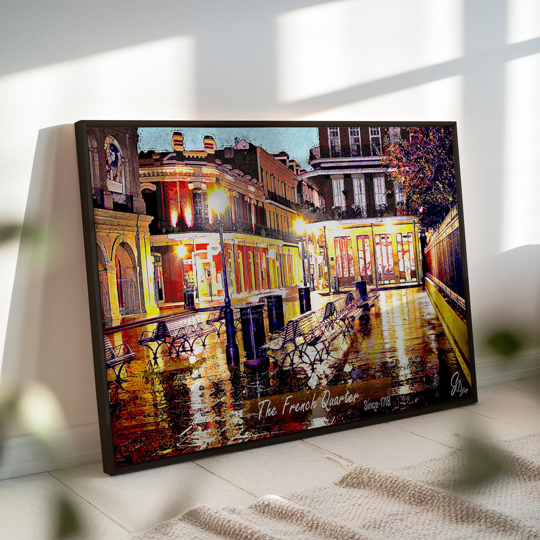 French Quarter Benches New Orleans Wall Art Canvas Print Side View Black Floating Frame