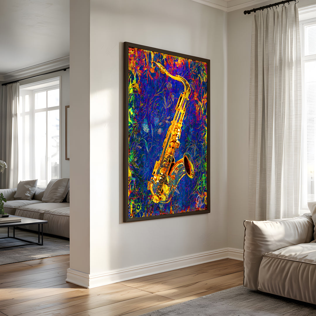 Jay's Saxophone Music Wall Art Canvas Print Side View Black Frame