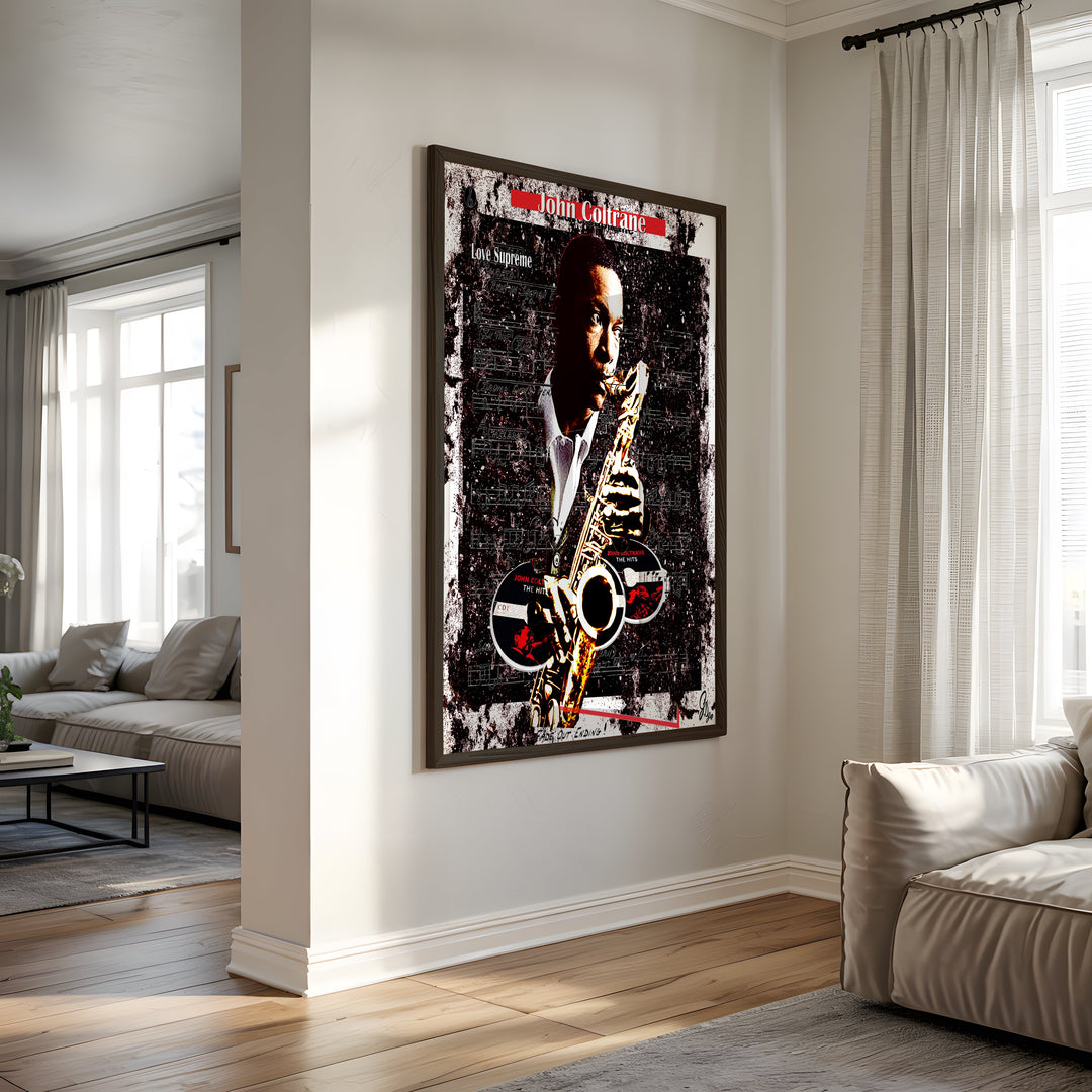 John Coltrane Music Wall Art Canvas Print Side View Black Frame