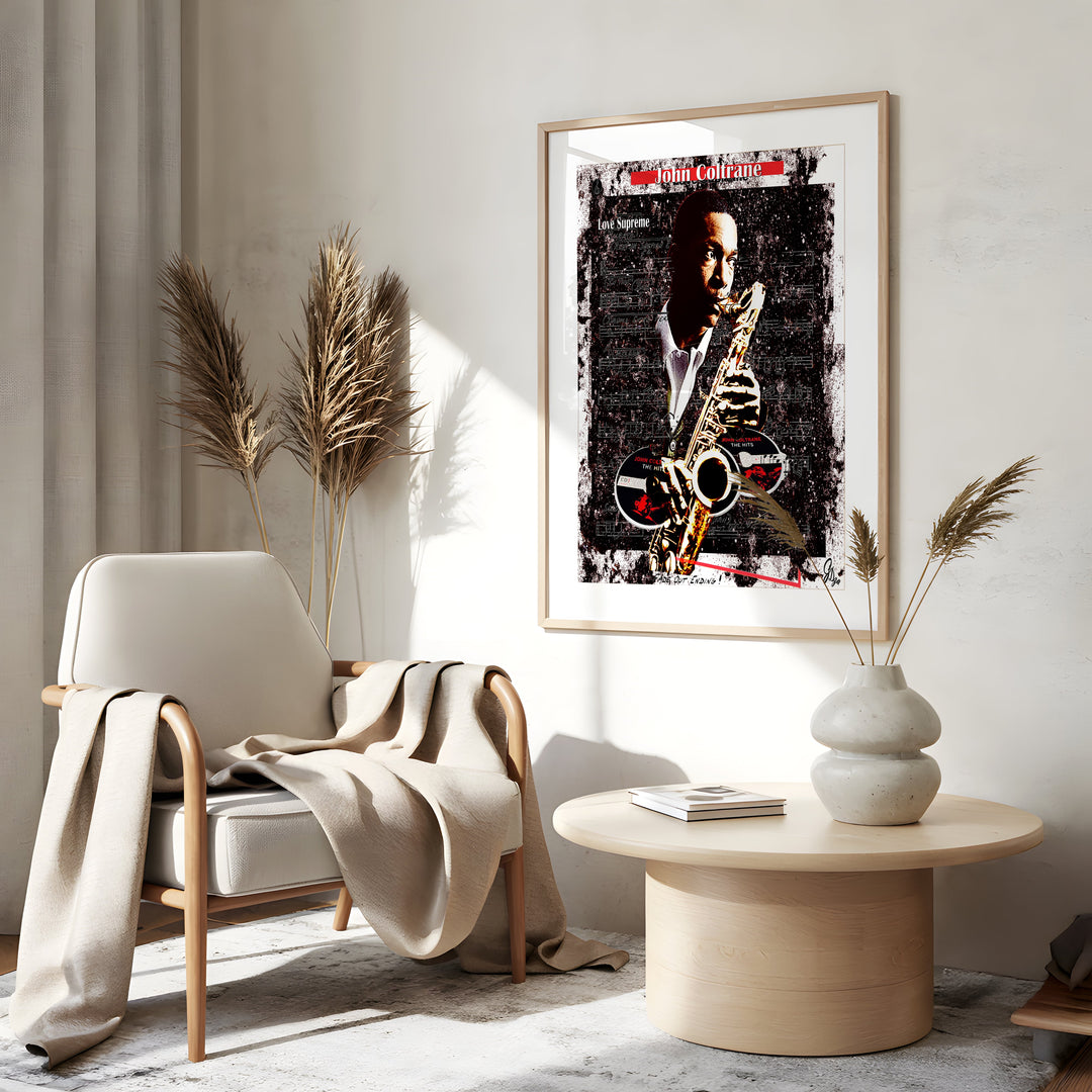 John Coltrane Music Wall Art Canvas Print Side View Gold Frame