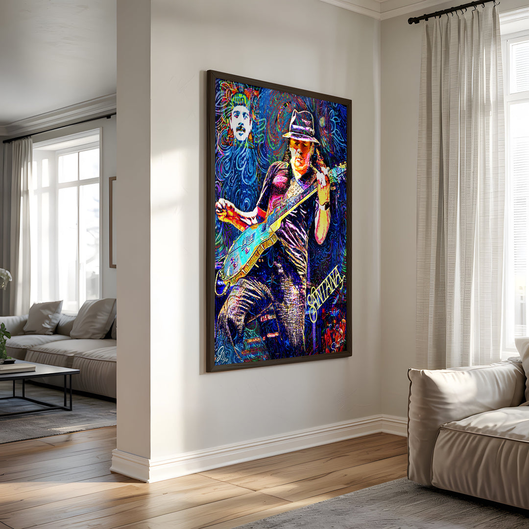 Latin Music legend Carlos Santana Wall Art Canvas Print Side View Black Frame