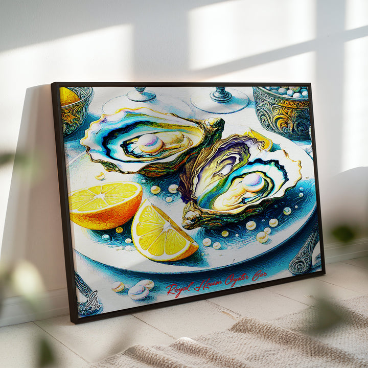 Louisiana Eastern Oysters Kitchen Wall Art Canvas Print Side View Black Floating Frame