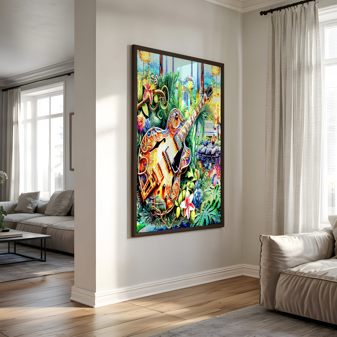 Rhythm in the Garden Music Wall Art Canvas Print Side View Black Frame