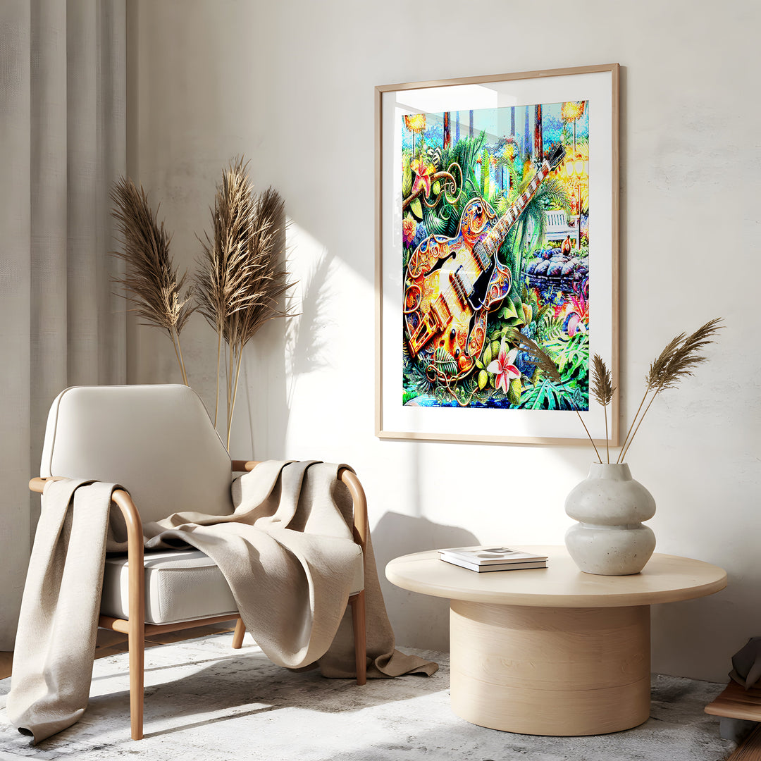 Rhythm in the Garden Music Wall Art Canvas Print Side View Gold Frame