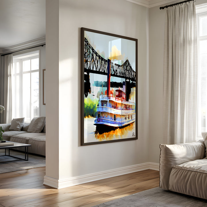 River Steamboat Nautical Wall Art Canvas Print Side View Black Frame