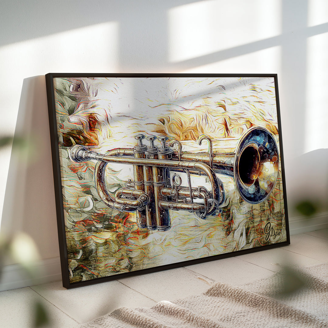 Silk Trumpet Music Wall Art Canvas Print Side View Black Floating Frame