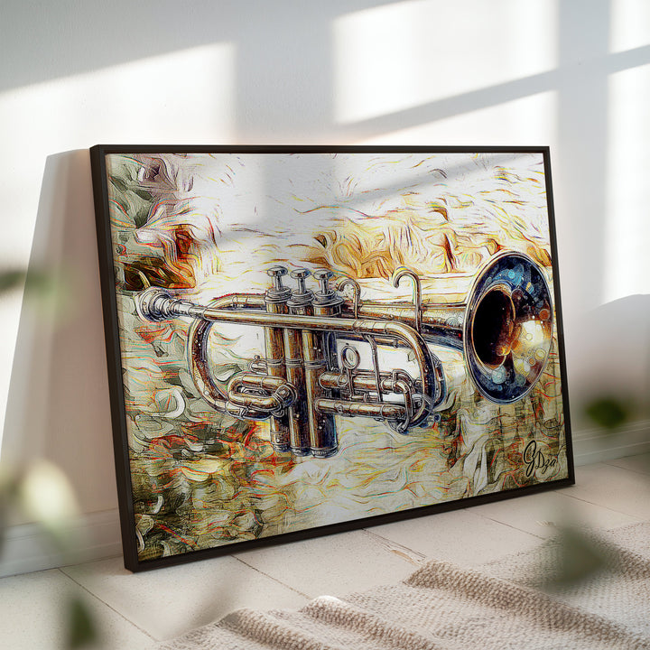 Silk Trumpet Music Wall Art Canvas Print Side View Black Floating Frame