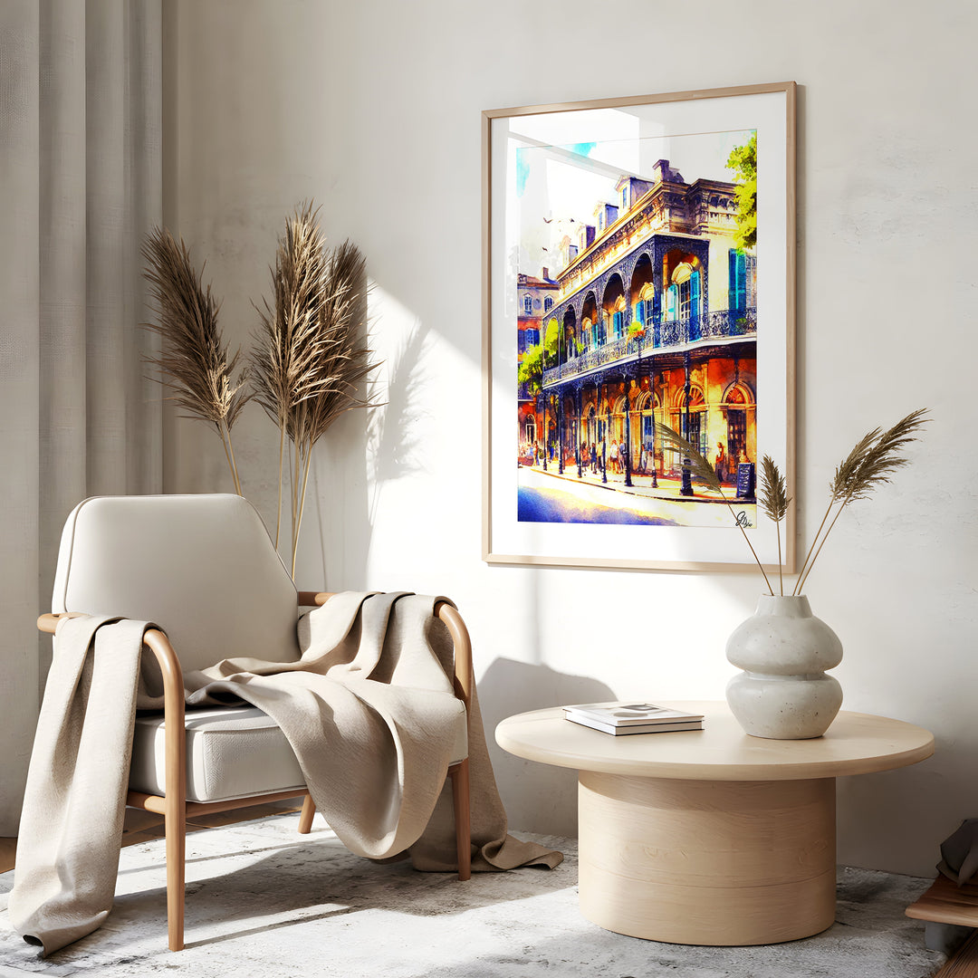 St. Charles Street New Orleans Wall Art Canvas Print Side View Gold Frame