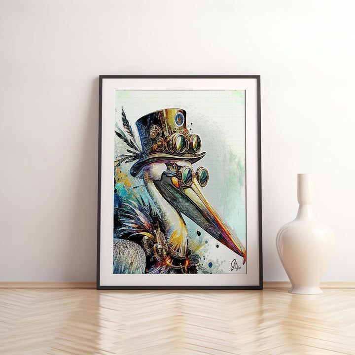 Steampunk Pelican Nautical Wall Art Canvas Print Front View Matted