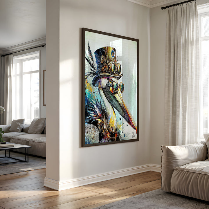 Steampunk Pelican Nautical Wall Art Canvas Print Side View Black Frame