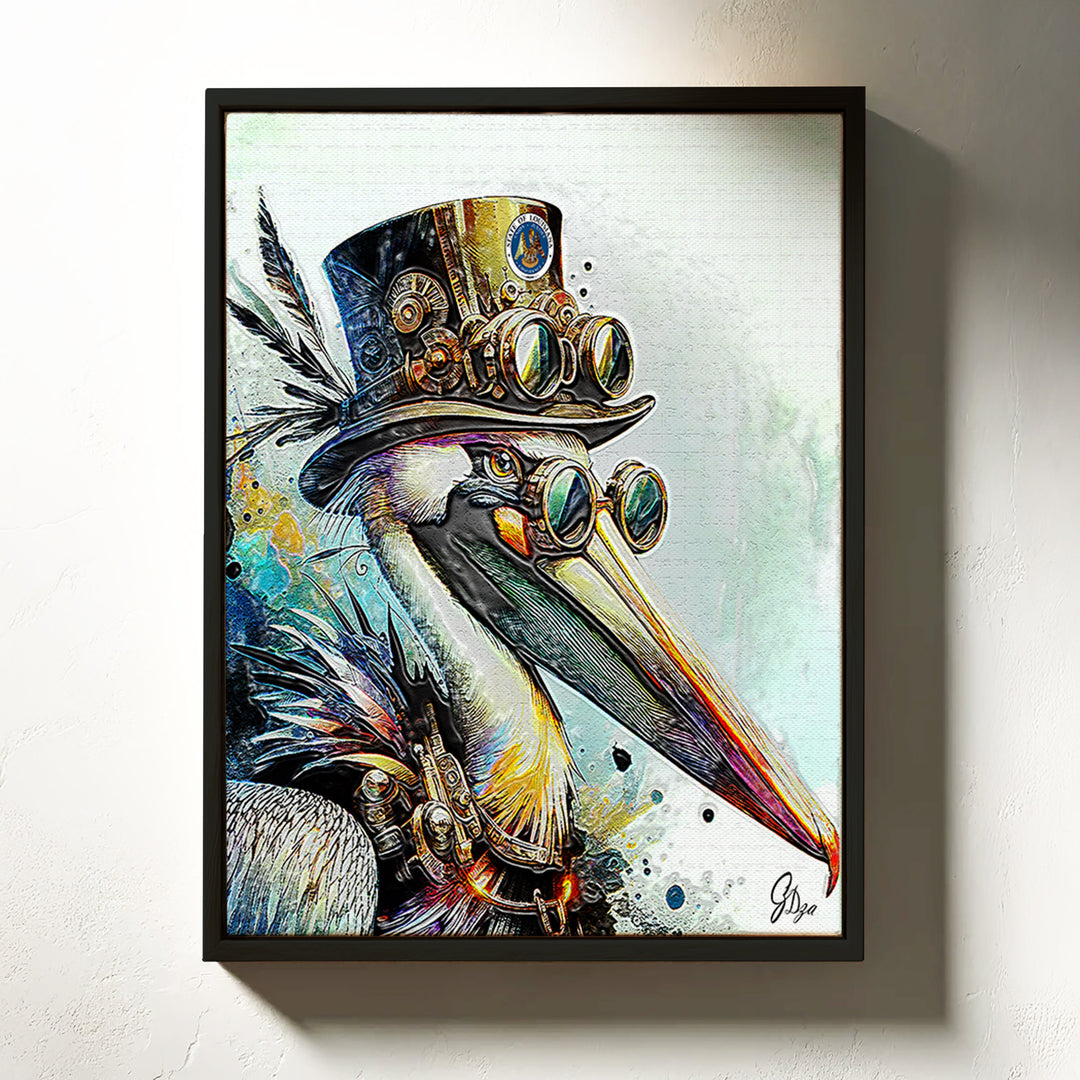 Steampunk Pelican Nautical Wall Art Canvas Print Front View Floating Frame