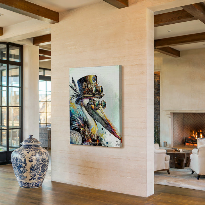 Steampunk Pelican Nautical Wall Art Canvas Print Side View Gallery Wrapped